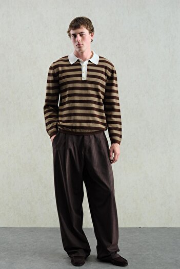 GIESTO Gold Buttoned Striped Polo Neck Sweater