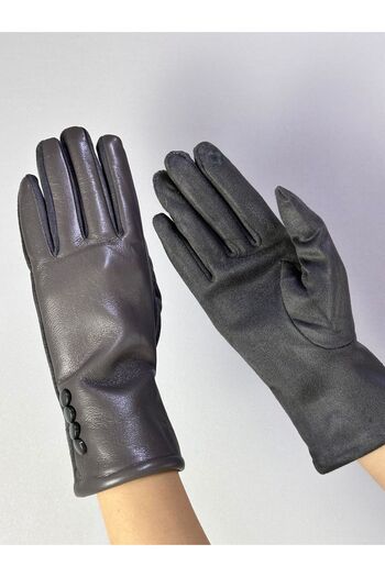 Gönülden Tasarım Button Detail Touchscreen Compatible Finger Synthetic Leather Look Women's Gloves