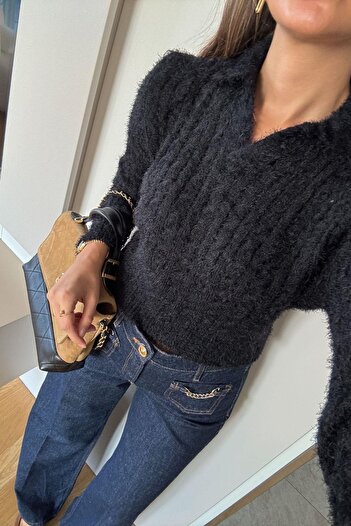 Polo State Women's Polo Neck Hair Braided Knitwear Sweater Black