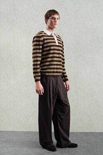 GIESTO Gold Buttoned Striped Polo Neck Sweater