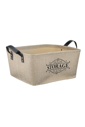 SHOPIENS Textile Storage Basket 'Storage', Beige, 40x30x19 cm, Black Handles