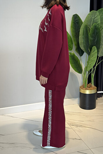Lale Butik Stone Detailed Modal Suit 120289 Claret Red