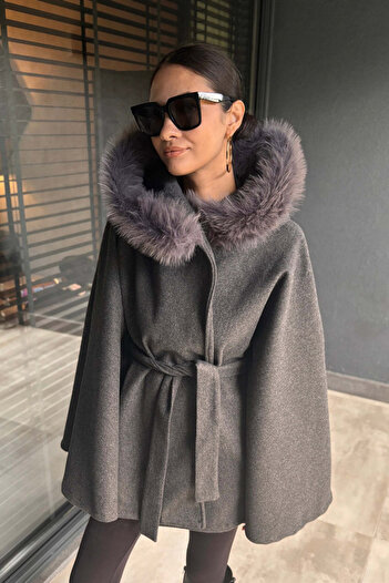 FABB Gray Hooded Cashmere Poncho Jacket
