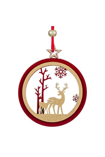 SHOPIENS Velvet Wooden Christmas Bauble Ornament - Deer, 11 cm