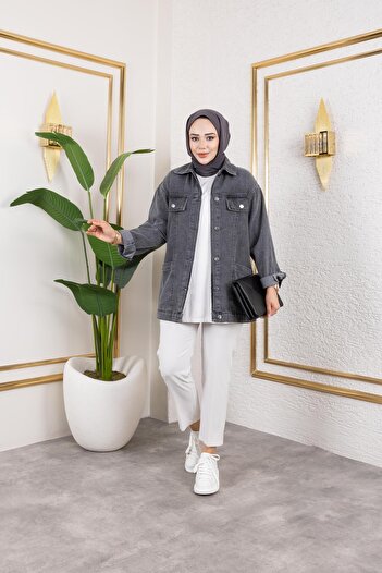Hb Harma Time Butik Women's Pocket Detailed Denim Black Denim Jacket