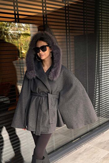 FABB Gray Hooded Cashmere Poncho Jacket