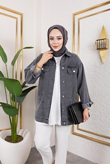 Hb Harma Time Butik Women's Pocket Detailed Denim Black Denim Jacket