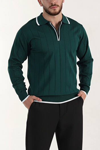 MENOFOURSWEAR Old Money High Quality Long Sleeve Polo Neck Men's Knitwear Sweater Emerald Green