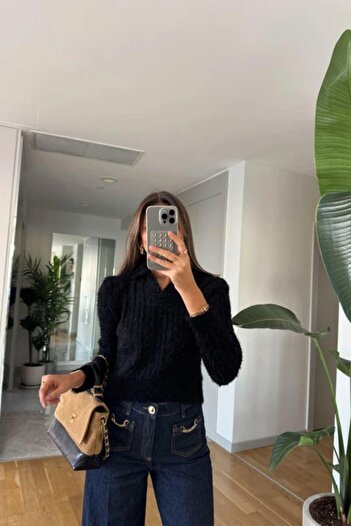 Polo State Women's Polo Neck Hair Braided Knitwear Sweater Black