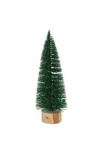 SHOPIENS Decorative Christmas Tree LED, Green, 24 cm, Wooden Base, Glitter