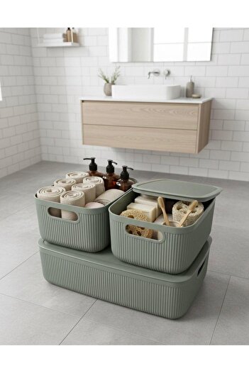Okyanus Home Linea Smart Box Green Set of 3, 1 Piece of 4.5 Lt, 2 Pieces of 2.4 Lt with Lids, Multi-Purpose Storage Box