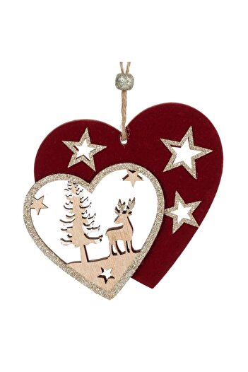 SHOPIENS Christmas Tree Ornament, Double Heart, Wood, Burgundy, 11cm