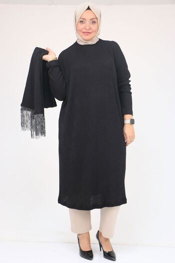 Eslina 58158-1 Plus Size Scarf Tassel Mir Tunic - Black