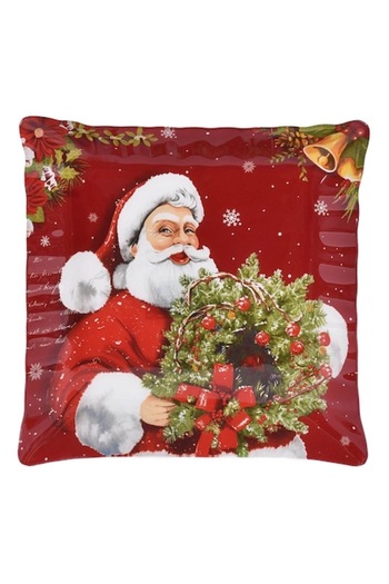 SHOPIENS Christmas Glass Platter, Vintage Santa Design, 30x30 cm, Red