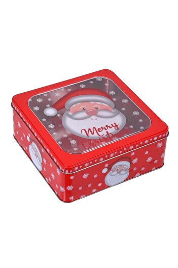 SHOPIENS Christmas Metal Box, Santa Claus Window, Snowflakes, Red, 18x18x7cm