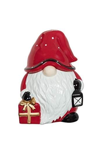 SHOPIENS Ceramic Cookie Box - Gnome Santa with Gift and Lantern, 18x17x25 cm, Red