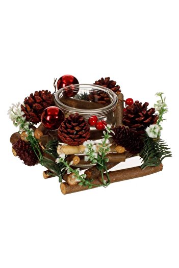 SHOPIENS Decorative Candle Holder, Christmas Model, Wooden Base, Glitter Cones, Baubles and Berries, 15x15x11