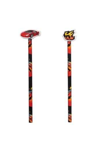 SHOPIENS Fancy Pencils Set, Car and Flame Design, 2 Pieces, Red-Black, With Eraser