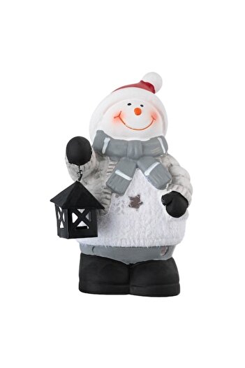 SHOPIENS Ceramic Christmas Lantern Snowman Figurine with Metal Lantern for Tea Light, White, 6x6x13 cm