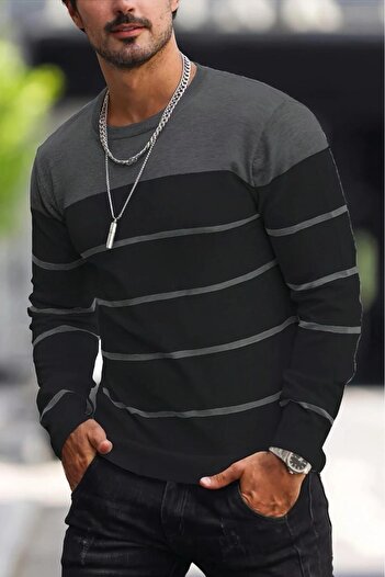 Oksit Santi Slim Fit Striped Crew Neck Men's Knitwear Sweater