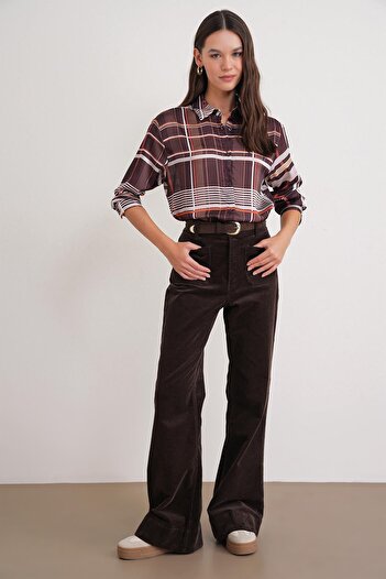 Mixray 4751 Women's Plaid Slim Satin Shirt Brown