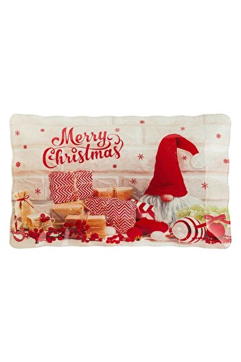 SHOPIENS Glass Christmas Platter Gnome 'Merry Christmas', 42x24 cm, Red/Beige