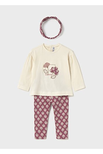 MAYORAL 3-Piece Baby Girl Set (1-4 Years) – Beige Sweatshirt, Patterned Pink Leggings, Patterned Bandana