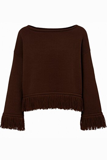 Mixray 6981 Women's Tassel Detailed Boat Neck Knit Sweater Brown