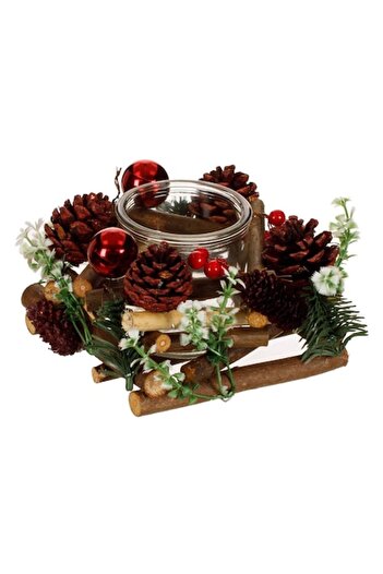 SHOPIENS Decorative Candle Holder, Christmas Model, Wooden Base, Glitter Cones, Baubles and Berries, 15x15x11