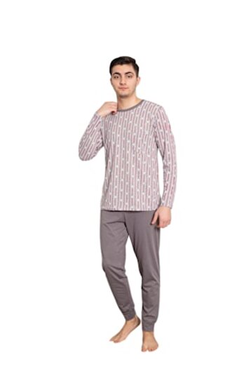 pamuklu - Men's pajamas, cotton, long pants, long sleeve, striped, Light gray with burgundy stripes,