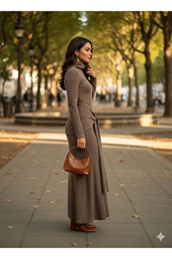 Silerra Women's Long Sleeve Turtleneck Wrinkle Fabric Pencil Dress with Belt Included