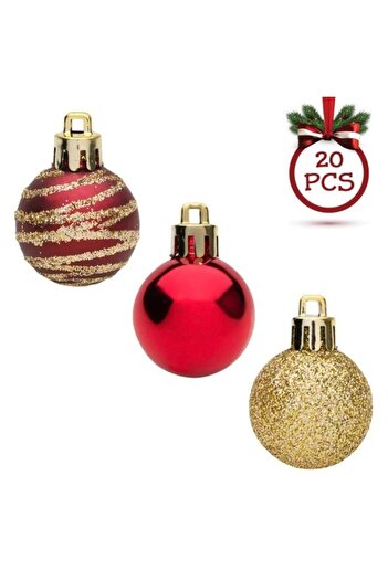 ANTBRO Set of 20 Christmas tree baubles Antbro® shiny red, gold glitter and brown with gold stripe, 3 cm