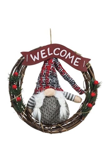 Christmas Decorative wooden wreath with Santa gnome and braids, 'Welcome' message, 35 cm