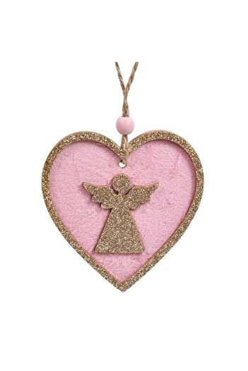 ANTBRO Christmas tree ornament - velvet pink wooden heart with beige champagne glitter, 8cm