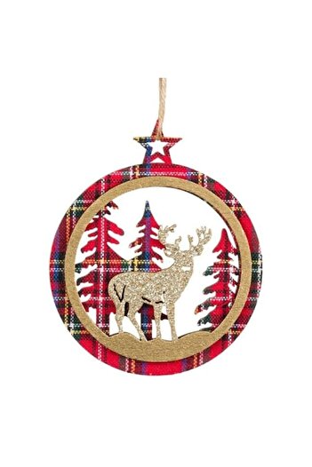 ANTBRO Christmas tree ornament wooden red bauble with deer and beige glitter, 11 cm
