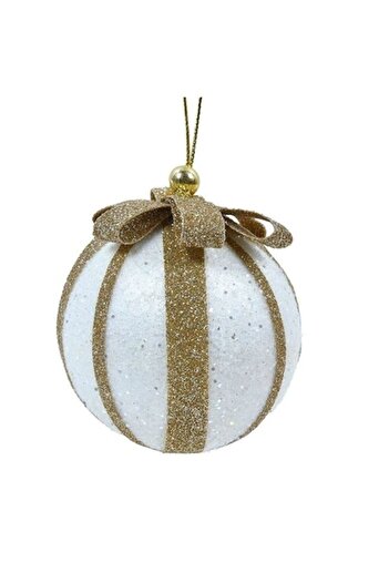 ANTBRO Christmas ornament foam bauble with white holographic glitter, ribbon & bow, 8 cm