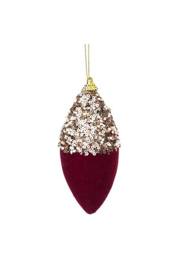 ANTBRO Christmas ornament - teardrop velvet foam bauble, burgundy with white & gold sequins, 14 cm