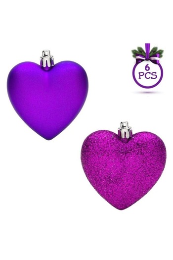 ANTBRO Set of 6 Antbro® purple heart Christmas tree ornaments, matte and glitter, 7cm