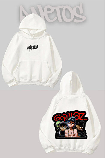 Anetos Gorillaz 2 Back Printed White Hooded Sweatshirt