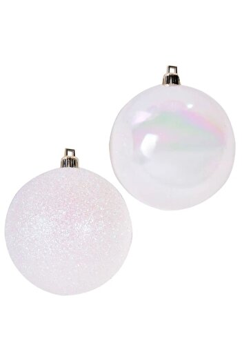 ANTBRO Set of 6 Antbro® shiny white and glitter Christmas tree baubles, 10 cm