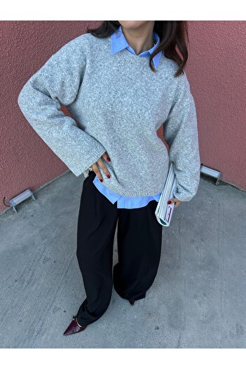 minaaise Women's Gray Oversize Soft Textured Sweater 7014