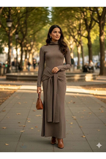 Silerra Women's Long Sleeve Turtleneck Wrinkle Fabric Pencil Dress with Belt Included