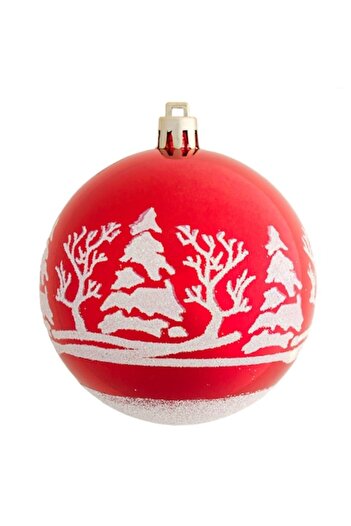 OEM Set of Christmas Baubles, Snowy Landscapes Red and White with Glitter 8 cm - 6 pcs