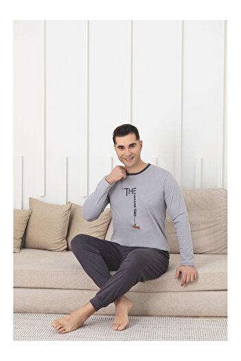 pamuklu Men's Pajamas, 100% Cotton, Long Pants & Long Sleeves, Anthracite Gray, Size L