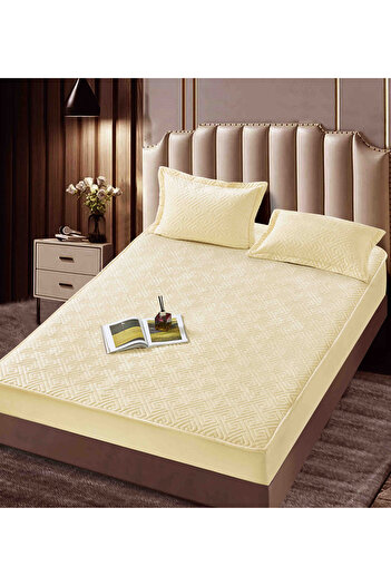 JOJO HOME Velvet Quilted Topper Cover, 160x200, 3 Pieces, Cream