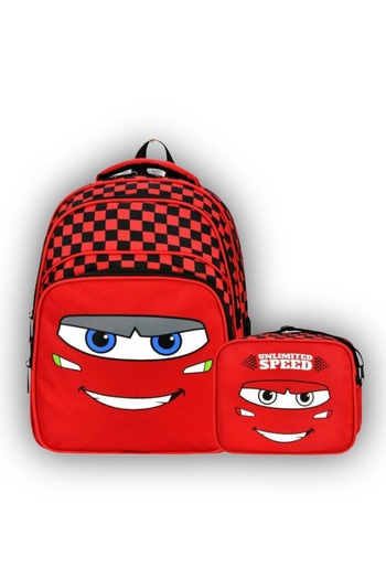 KY Red Boys' Primary School Orthopedic Water-Repellent Car 2-Piece Bag Set with 3 Compartments, Water Bottle and Lunch Box Set