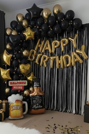 Baloncu Nene Gold Happy Birthday Foil Balloon Set Black Whiskey and Glass Balloon Gold Birthday Party Decorations