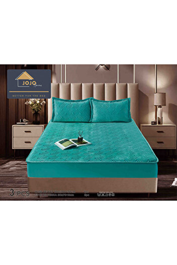 JOJO HOME Velvet Quilted Topper Cover, 180x200, 3 Pieces, Turquoise