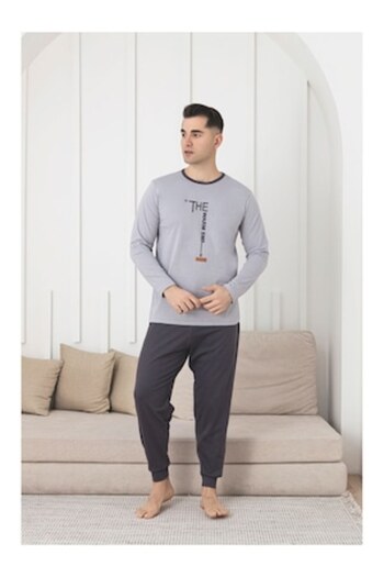 pamuklu Men's Pajamas, 100% Cotton, Long Pants & Long Sleeves, Anthracite Gray, Size L
