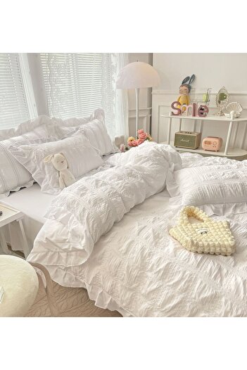JOJO HOME Double Bed Linen Set, Crepe Pattern, 230x250cm, 6 Pieces, White